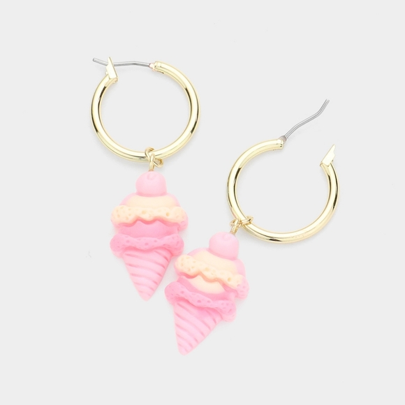 Pink Ice Cream Cone Gold Fun Dangle Earrings Cute - Picture 1 of 2